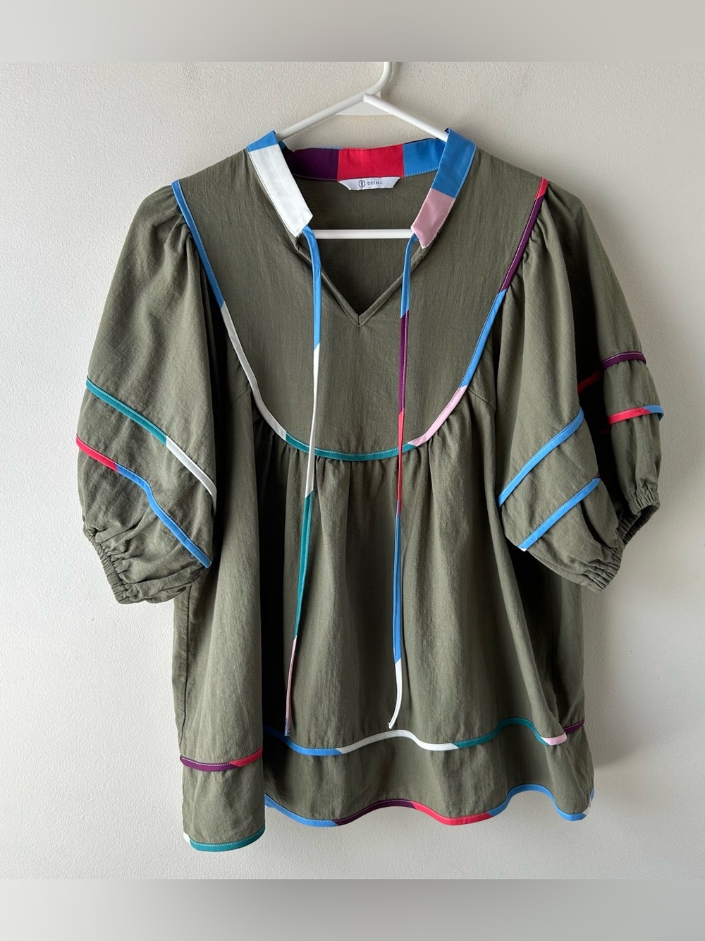 Cicy Bell Babydoll Top V-Neck Short Lantern Sleeve Peplum Blouse Army Green M - Picture 3 of 7